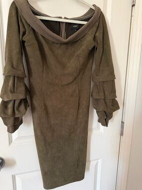 Olive Green Off-Shoulder Ruffle Sleeve Dress L